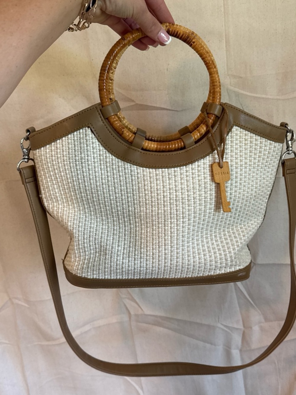 Fossil Cream Woven Shoulder Bag with Tan Trim & Bamboo Handles